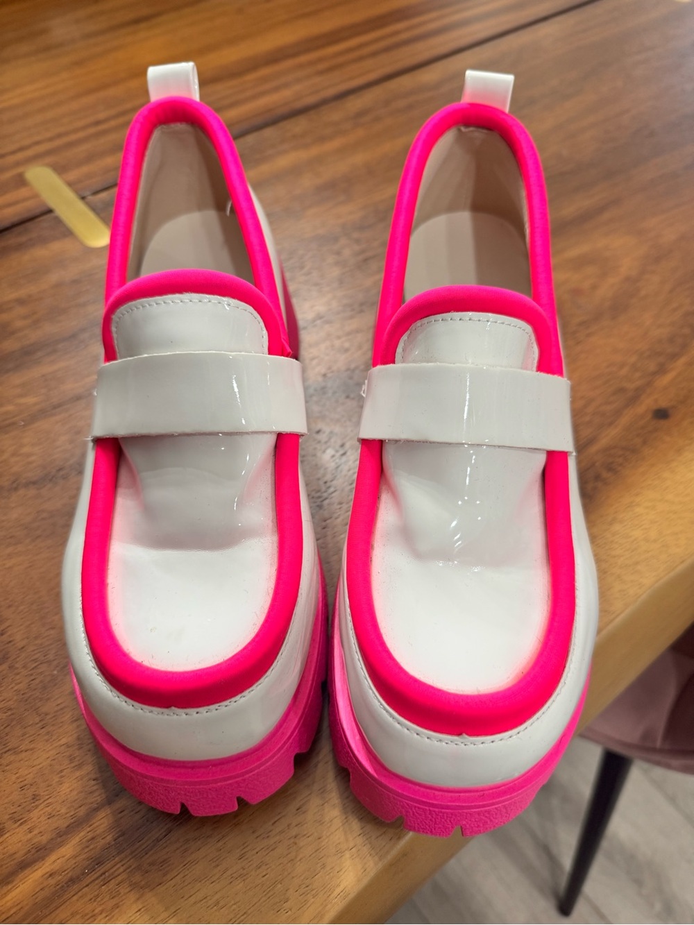White and Hot Pink Platform Loafers - Women's Fashion Shoes